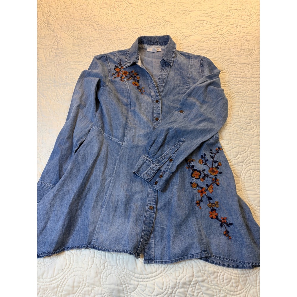 Vintage America Denim Tunic Women Medium Blue Floral Embroidered Boho